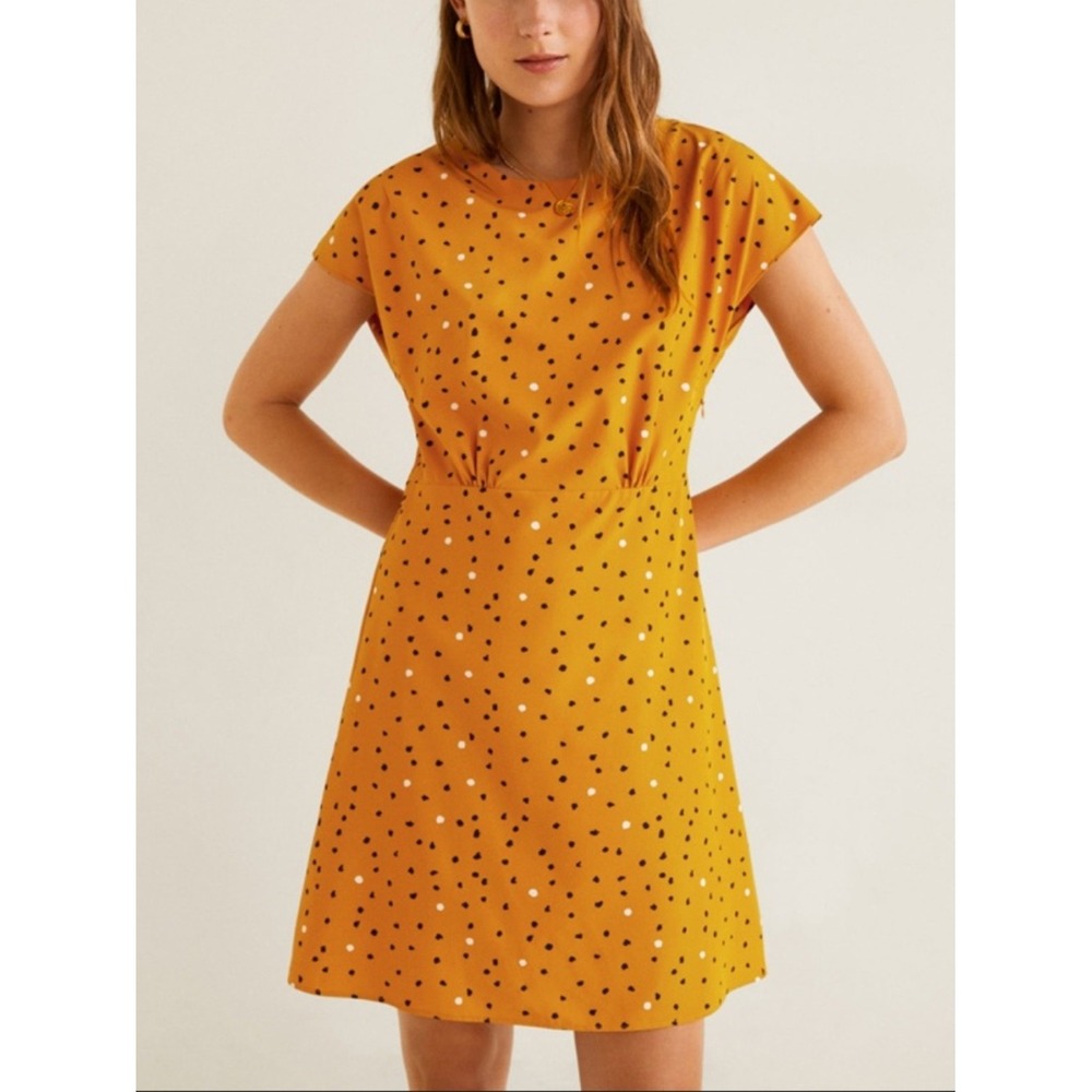 MNG Mango Mustard Yellow Polka Dot Dress Women's Cap Sleeve Fit Flare Retro Vibe